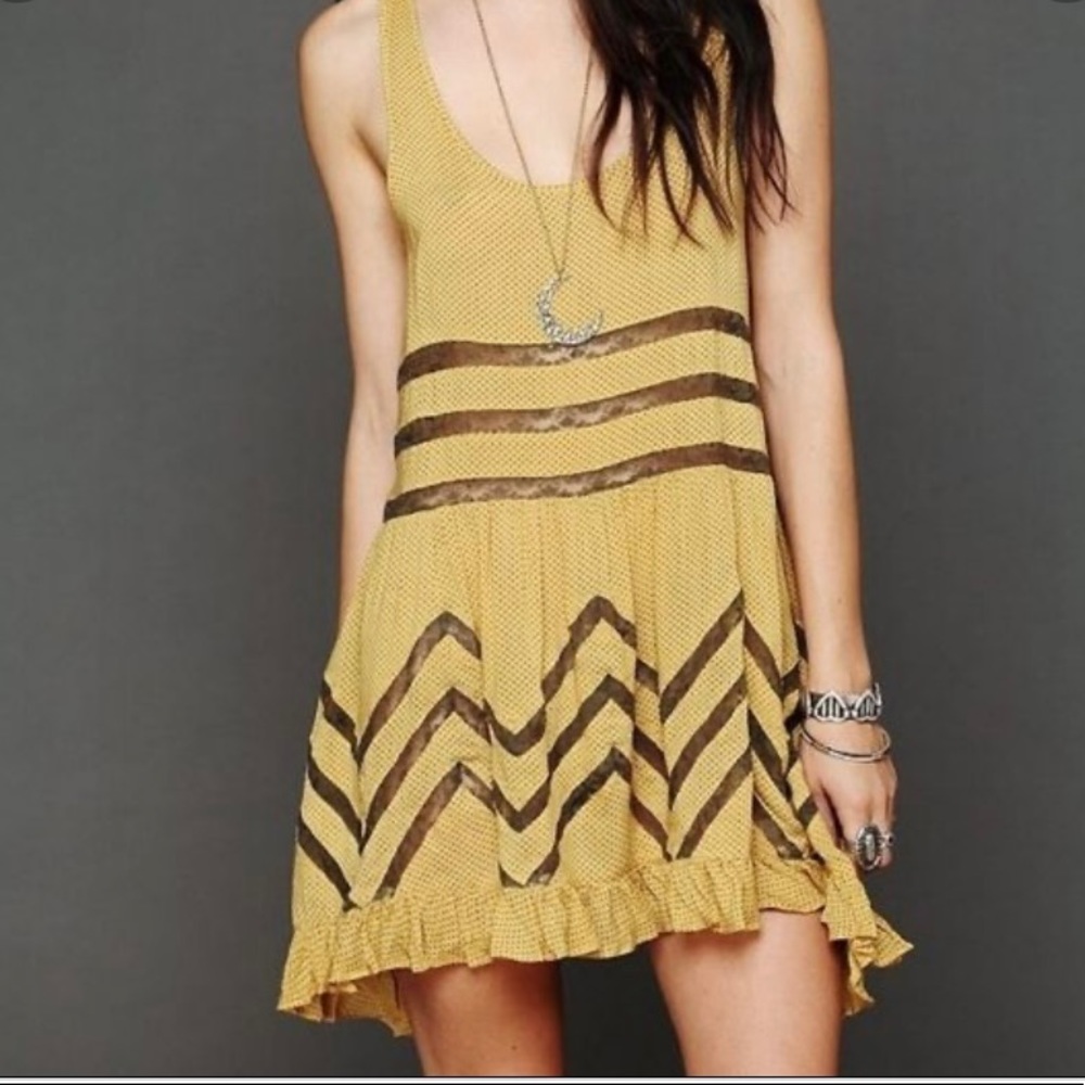 Free People Slip Dress Mustard Size XS Voile and Lace Trapeze Polka Dot
